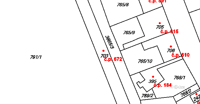 Dobřany 672 na parcele st. 703 v KÚ Dobřany, Katastrální mapa