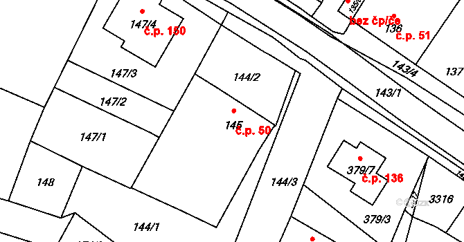 Těšetice 50 na parcele st. 145 v KÚ Těšetice u Znojma, Katastrální mapa