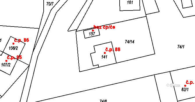 Lipník nad Bečvou V-Podhoří 88, Lipník nad Bečvou na parcele st. 141 v KÚ Podhoří na Moravě, Katastrální mapa