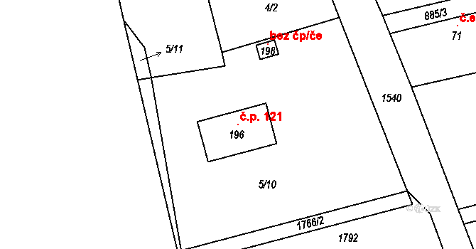 Okrouhlé Hradiště 121, Konstantinovy Lázně na parcele st. 196 v KÚ Okrouhlé Hradiště, Katastrální mapa
