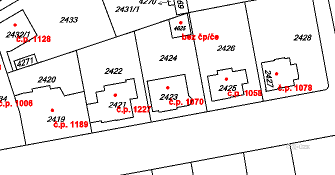 Čelákovice 1070 na parcele st. 2423 v KÚ Čelákovice, Katastrální mapa