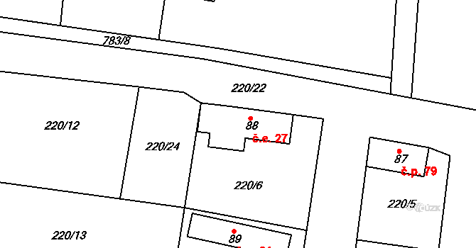 Nepomuk 27 na parcele st. 88 v KÚ Nepomuk pod Třemšínem, Katastrální mapa