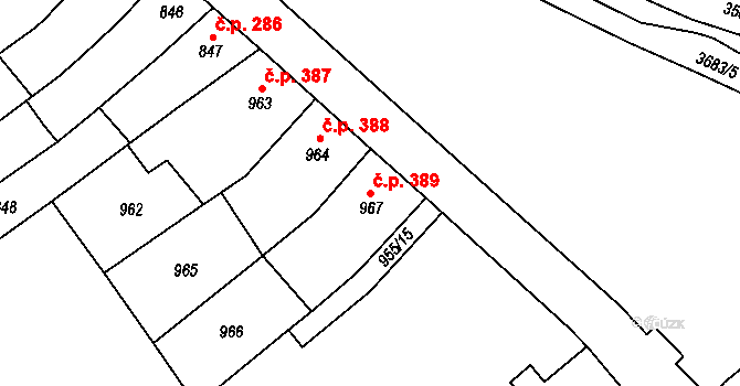 Vyškov-Předměstí 389, Vyškov na parcele st. 967 v KÚ Vyškov, Katastrální mapa