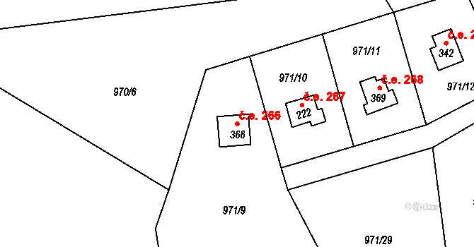 Měřín 266, Rabyně na parcele st. 368 v KÚ Blaženice, Katastrální mapa