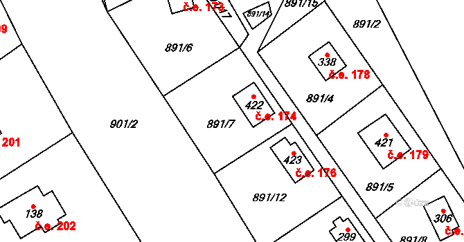 Chvalčov 174 na parcele st. 422 v KÚ Chvalčov, Katastrální mapa