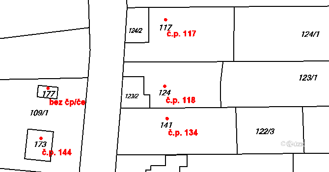 Lípy 118, Slatinice na parcele st. 124 v KÚ Lípy, Katastrální mapa