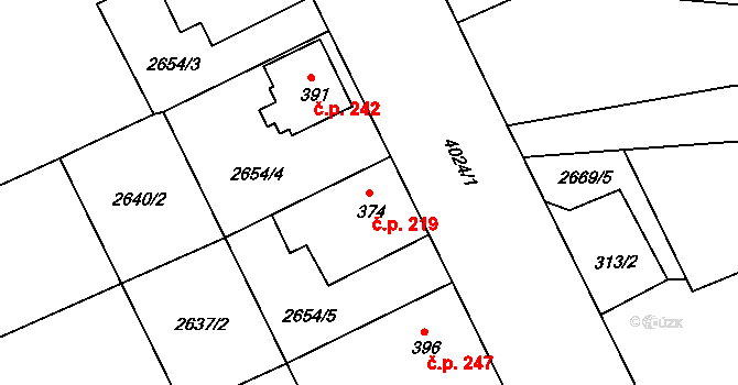 Pustý Mlýn 219, Brumovice na parcele st. 374 v KÚ Brumovice u Opavy, Katastrální mapa