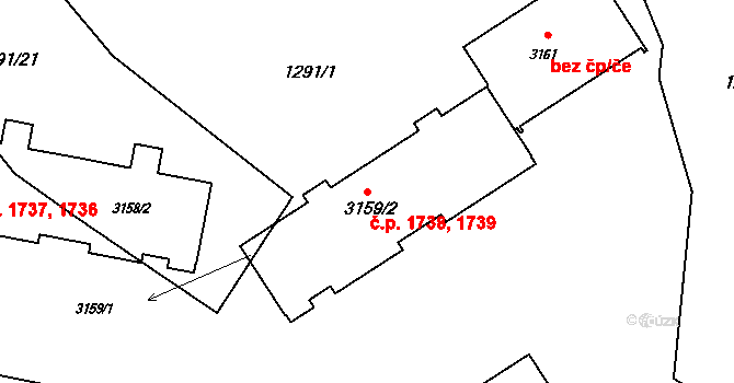 Rožnov pod Radhoštěm 1738,1739 na parcele st. 3159/2 v KÚ Rožnov pod Radhoštěm, Katastrální mapa