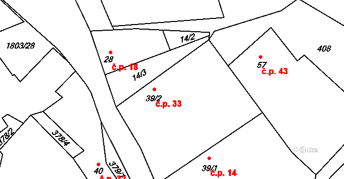 Pocoucov 33, Třebíč na parcele st. 39/2 v KÚ Pocoucov, Katastrální mapa