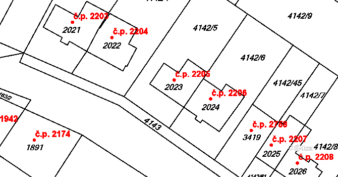 Břeclav 2205 na parcele st. 2023 v KÚ Břeclav, Katastrální mapa