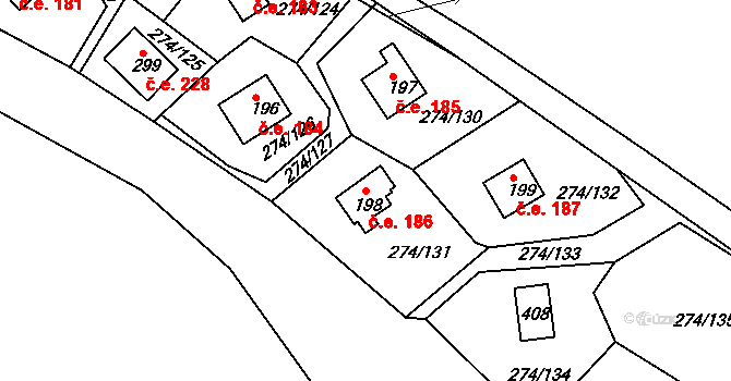 Skalka 186, Cheb na parcele st. 198 v KÚ Skalka u Chebu, Katastrální mapa