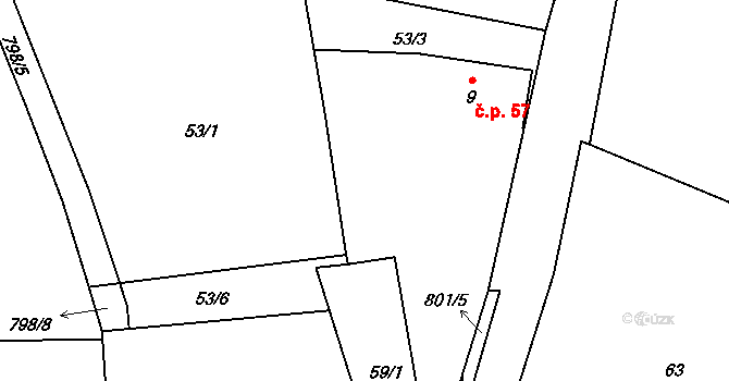 Drahobudice 57 na parcele st. 9/1 v KÚ Drahobudice, Katastrální mapa