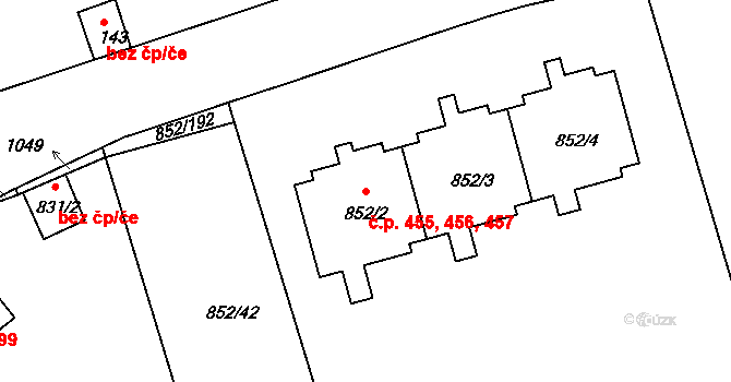 Hodkovičky 455,456,457, Praha na parcele st. 852/2 v KÚ Hodkovičky, Katastrální mapa