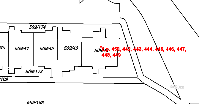 Horní Měcholupy 442,443,444,445,446,, Praha na parcele st. 509/44 v KÚ Horní Měcholupy, Katastrální mapa