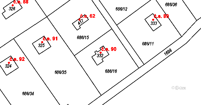 Halouny 90, Svinaře na parcele st. 332 v KÚ Svinaře, Katastrální mapa