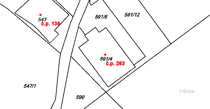 Liberec XIX-Horní Hanychov 263, Liberec na parcele st. 591/4 v KÚ Horní Hanychov, Katastrální mapa