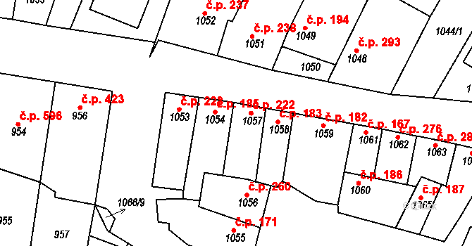 Blučina 222 na parcele st. 1057 v KÚ Blučina, Katastrální mapa