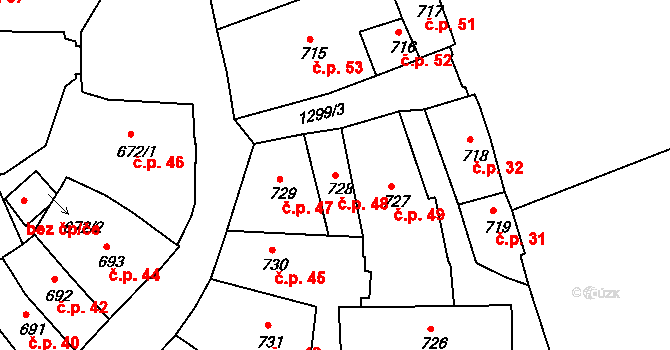 Latrán 48, Český Krumlov na parcele st. 728 v KÚ Český Krumlov, Katastrální mapa
