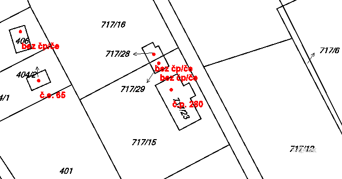 Černé Budy 280, Sázava na parcele st. 717/23 v KÚ Černé Budy, Katastrální mapa