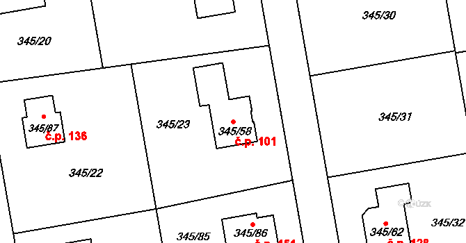 Trubín 101 na parcele st. 345/58 v KÚ Trubín, Katastrální mapa