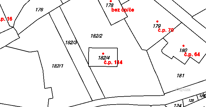 Tetětice 114, Počenice-Tetětice na parcele st. 182/4 v KÚ Tetětice, Katastrální mapa
