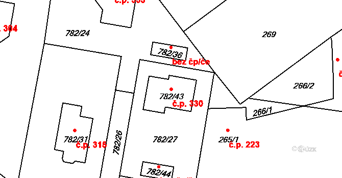 Malešov 330 na parcele st. 782/43 v KÚ Malešov, Katastrální mapa