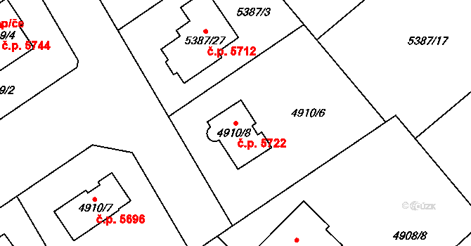 Chomutov 5722 na parcele st. 4910/8 v KÚ Chomutov I, Katastrální mapa