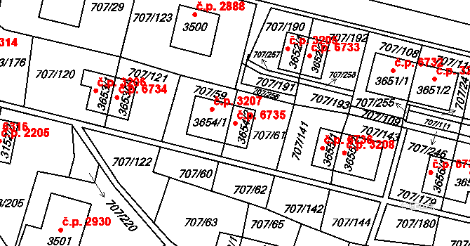 Zlín 6735 na parcele st. 3654/2 v KÚ Zlín, Katastrální mapa