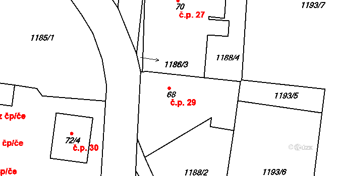 Třešně 29, Záhoří na parcele st. 68 v KÚ Třešně u Záhoří, Katastrální mapa