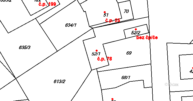 Škrdlovice 78 na parcele st. 52/1 v KÚ Škrdlovice, Katastrální mapa