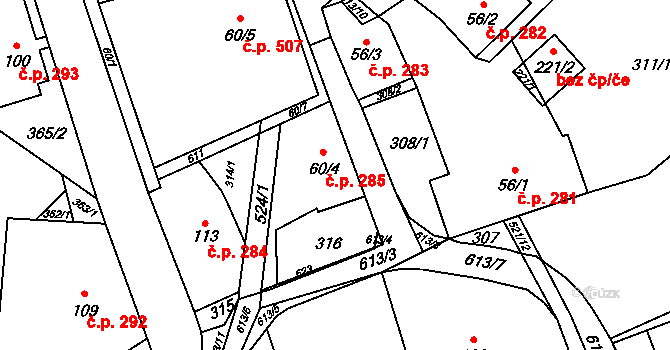 Herálec 285 na parcele st. 60/4 v KÚ Herálec na Moravě, Katastrální mapa