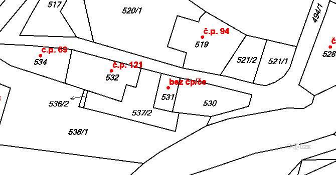 Žulová 38525992 na parcele st. 531 v KÚ Žulová, Katastrální mapa