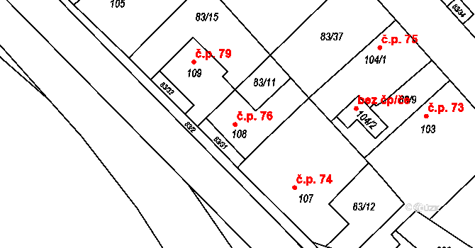 Jiřice 76, Kostelec nad Labem na parcele st. 108 v KÚ Jiřice u Kostelce nad Labem, Katastrální mapa