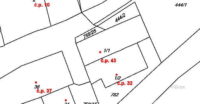 Mlékojedy 43, Neratovice na parcele st. 1/1 v KÚ Mlékojedy u Neratovic, Katastrální mapa