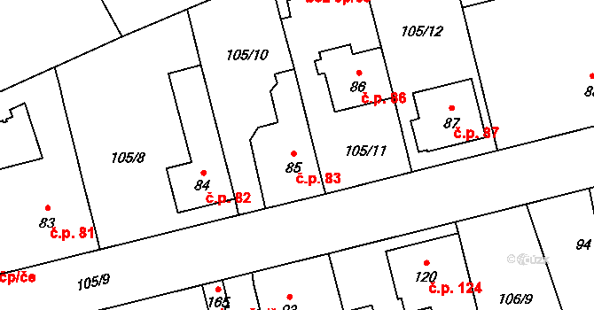 Drahelčice 83 na parcele st. 85 v KÚ Drahelčice, Katastrální mapa