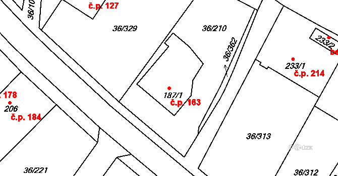 Dolní Ředice 163 na parcele st. 187/1 v KÚ Dolní Ředice, Katastrální mapa