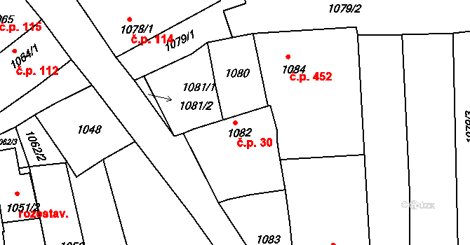 Hlohovec 30 na parcele st. 1082 v KÚ Hlohovec, Katastrální mapa
