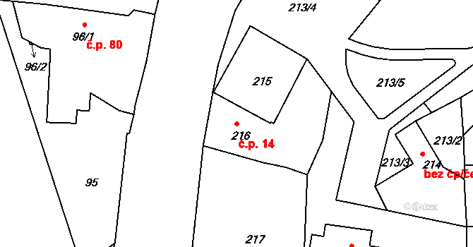 Pávov 14, Jihlava na parcele st. 216 v KÚ Pávov, Katastrální mapa