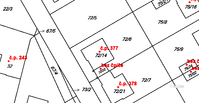 Lyžbice 377, Třinec na parcele st. 72/14 v KÚ Lyžbice, Katastrální mapa