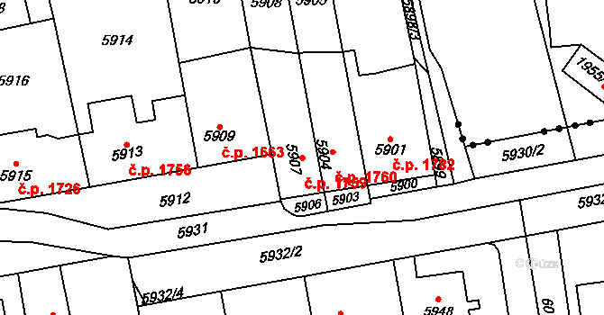 Kročehlavy 1759, Kladno na parcele st. 5907 v KÚ Kročehlavy, Katastrální mapa