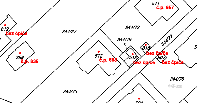 Struhařov 658, Kamenice na parcele st. 512 v KÚ Štiřín, Katastrální mapa