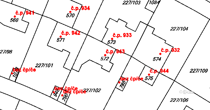 Švermov 943, Kladno na parcele st. 572 v KÚ Hnidousy, Katastrální mapa