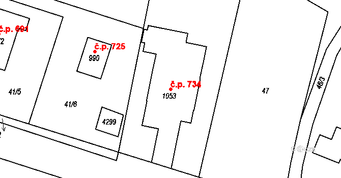 Černilov 734 na parcele st. 1053 v KÚ Černilov, Katastrální mapa