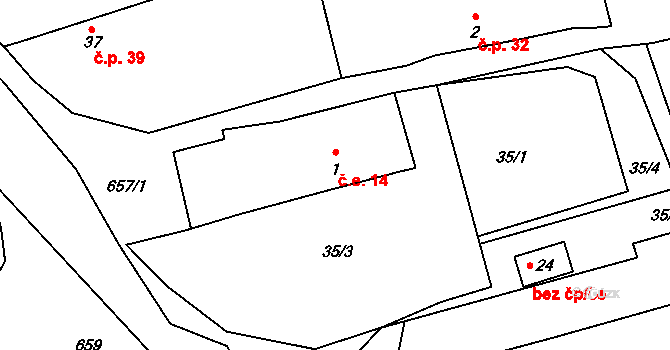 Sviňomazy 14, Trpísty na parcele st. 1 v KÚ Sviňomazy, Katastrální mapa