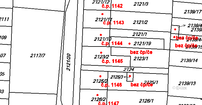 Hulín 1145 na parcele st. 2123/2 v KÚ Hulín, Katastrální mapa