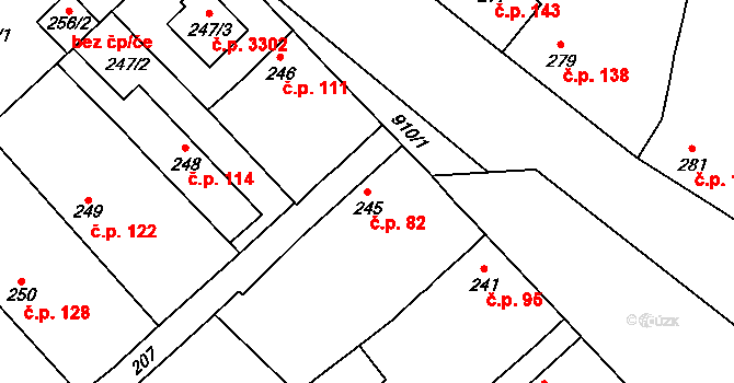 Milovice 82 na parcele st. 245 v KÚ Milovice nad Labem, Katastrální mapa