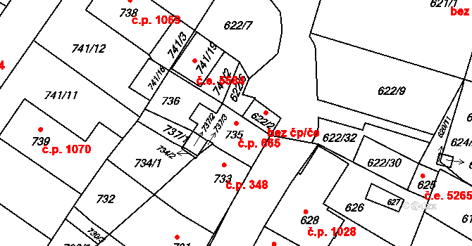 Kadaň 665 na parcele st. 735 v KÚ Kadaň, Katastrální mapa