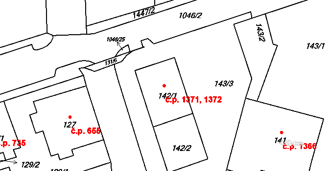 Kadaň 1371,1372 na parcele st. 142/1 v KÚ Kadaň, Katastrální mapa