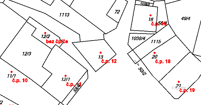 Kozly 12 na parcele st. 13 v KÚ Kozly u Loun, Katastrální mapa