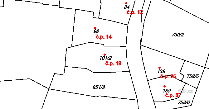Lelov 18, Žalany na parcele st. 101/2 v KÚ Žalany, Katastrální mapa